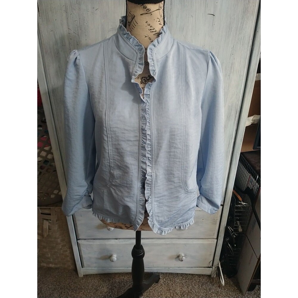 89th And Madison Puff Ruched Sleeve Ruffled Jacket Blue Medium Boho Feminine